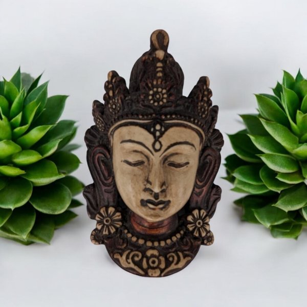 Vintage Green Tara Mask Wall Decor | Ceramic | Tibetan Buddhist Art | Spiritual Decor | 6.5"
