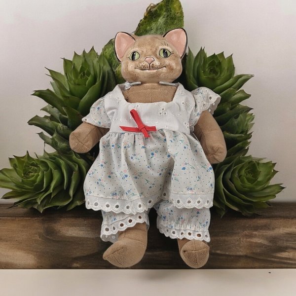 Vintage Cat Doll with Porcelain Head, Soft Body,  Collectible Cat Doll,  Unique Gift,  11 Inch Doll,  Needs Minor Repair