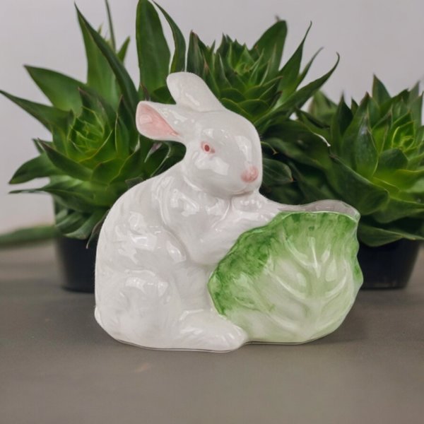 Vintage Dept 56 Bunny and Cabbage Planter | Ceramic Rabbit Planter | Easter Decor | Spring Decor | Garden Decor