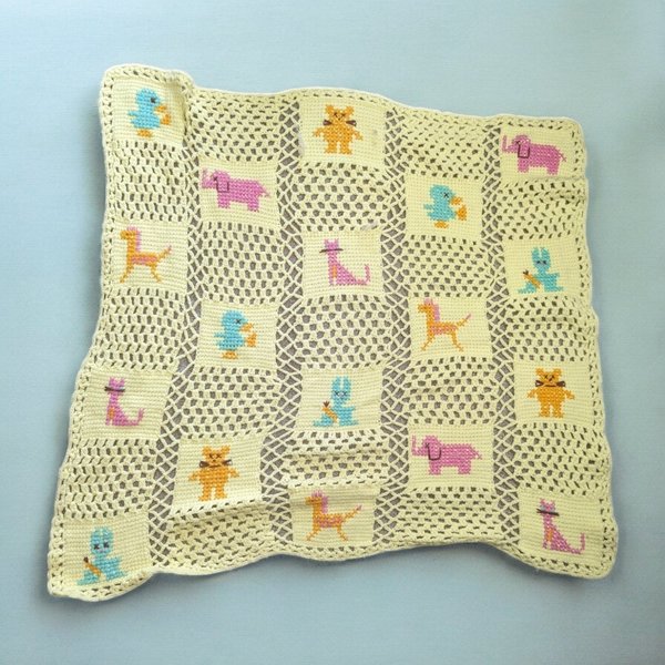 Vintage Handmade Granny Square Yellow Baby Blacket with Animals