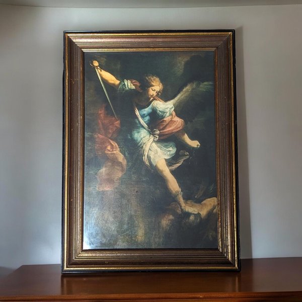 Vintage Print of Angel Michael Defeating Lucifer, 17x13" Framed