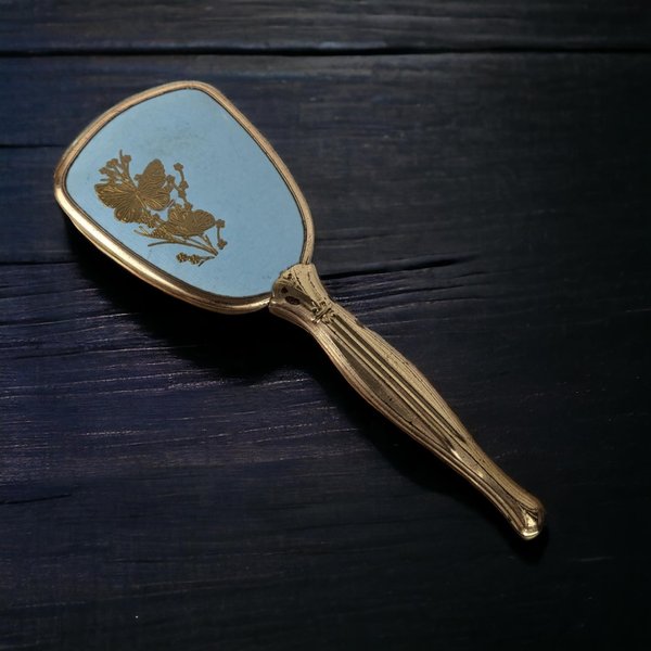 Vintage Hair Brush, Blue with Gold Flowers and Butterflies