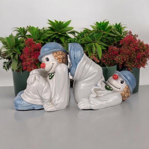 1979 Fitz and Floyd Porcelain Clown Bookends - Vintage Decorative Accents, Unique Home Decor, Collectible Clown Figures