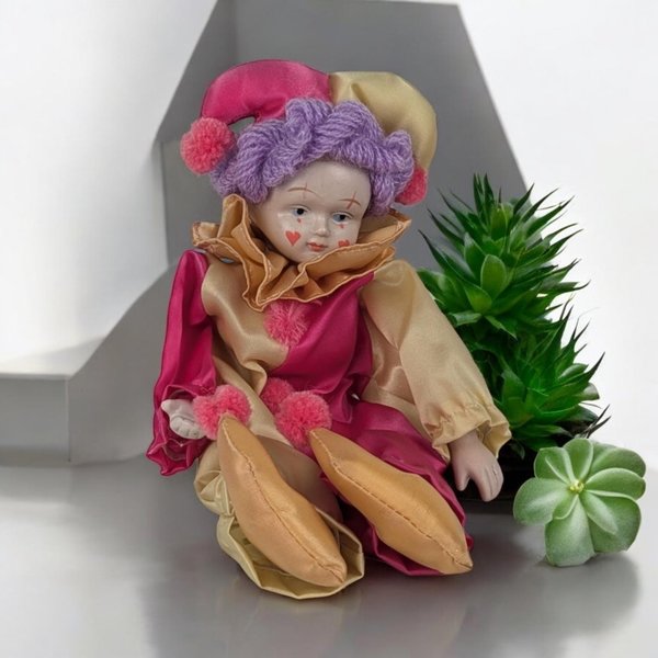 Vintage Pink and Gold Clown Doll with Hearts on Face - 9" Tall - Quirky Collectible - Playful Decor