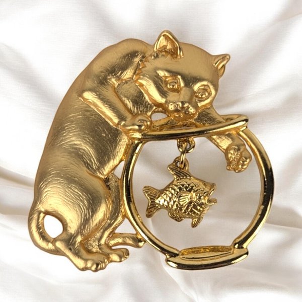 Vintage Gold Toned Cat and Fishbowl Brooch | Signed JJ Jonette Jewelry Co. | Whimsical Cat Brooch