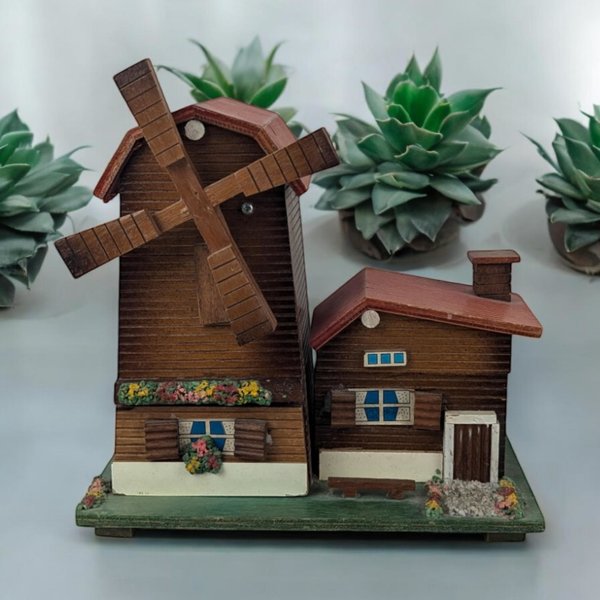 Vintage Wooden Windmill Jewelry Box - Musical, Rotating Windmill, Storage with Charm
