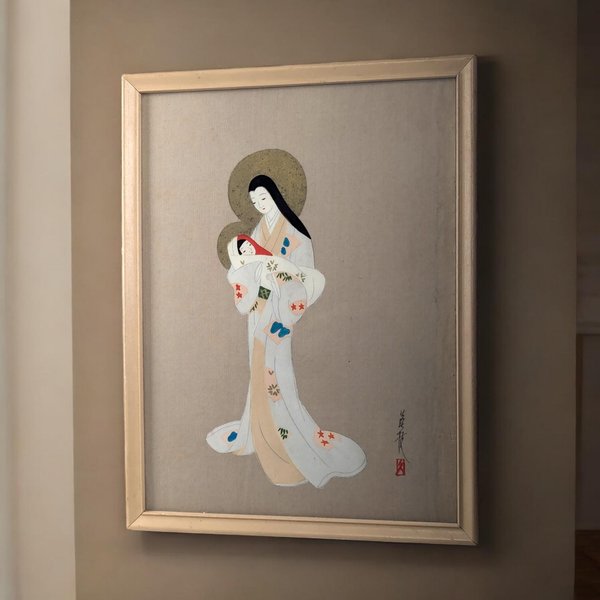 Vintage Japanese Madonna and Child Framed Painting on Cloth | 13" x 10" | Religious Art | Wall Decor