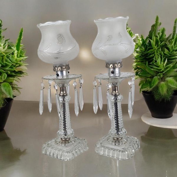 Vintage Pair of Glass Boudoir Lamps with Crystals | Romantic Bedroom Lighting | Bedside Table Lamps