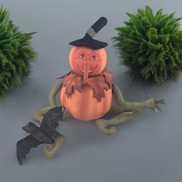 Vintage Handmade Folk Art Pumpkin and Bat Plush Figure, 17", Creepy Cute Halloween Decor, Fall Decor, One-of-a-Kind Gift