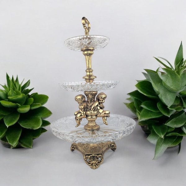 Vintage 3-Tier Brass & Glass Cherub Serving Stand, 18" High, Dessert Stand, Wedding Centerpiece, Unique Home Decor