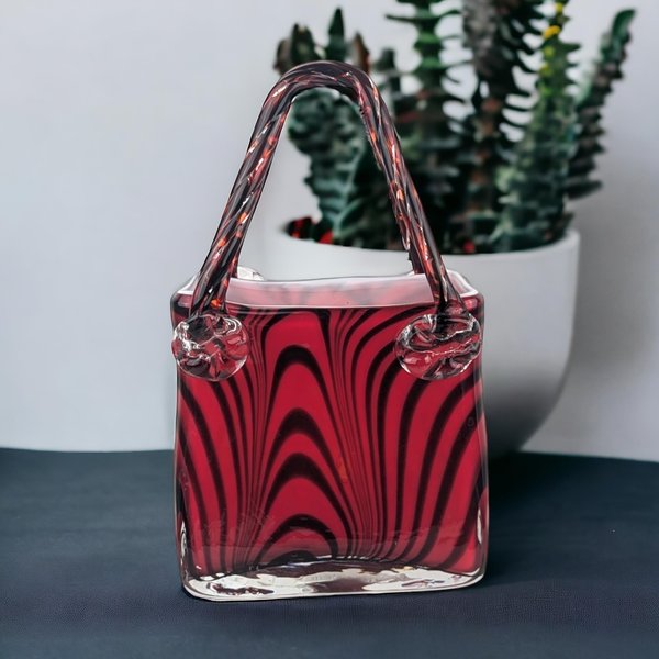 Vintage Art Glass Red Striped Purse | 9" Tall | Unique Home Decor | Bold Statement Piece