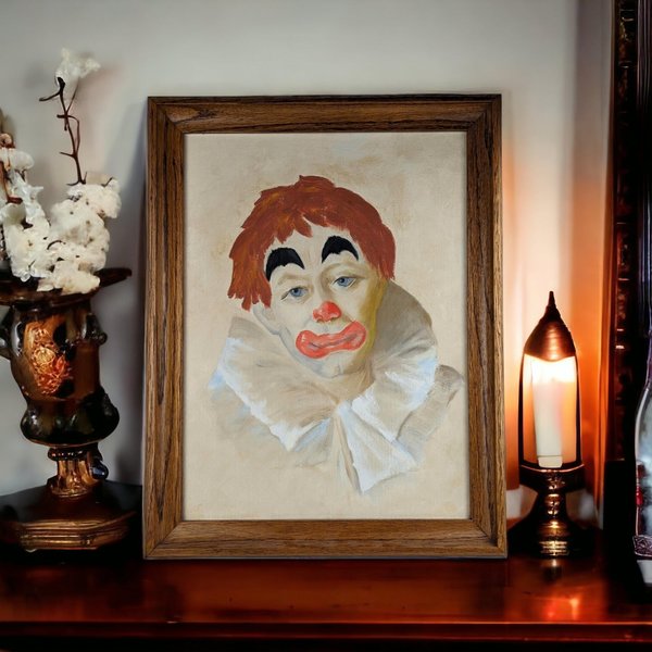 Vintage 1965 Clown Acrylic Painting Reproduction | 17 1/2" x 14" Framed | Whimsical Wall Art | Circus Decor