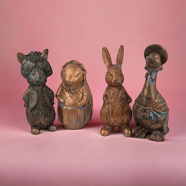 Vintage Resin Beatrix Potter Figurines | Benjamin Bunny, Mrs. Tiggy Winkle, Jemima Puddle Duck, Peter Rabbit | Metal-Colored Collectible Set