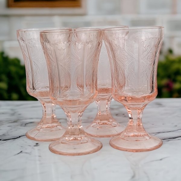 Set of 4 Vintage Indiana Glass Recollection Pink Water Goblets - Elegant Glassware - Table Setting