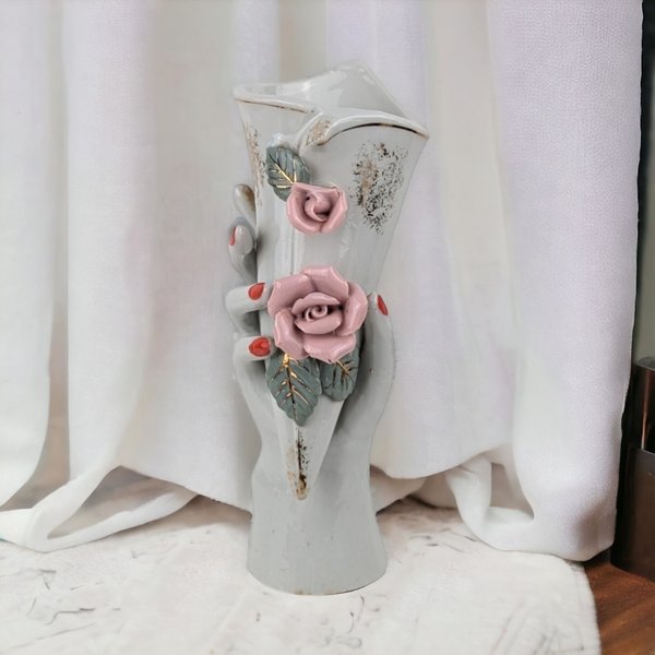 Vintage Hand Holding Vase, Ceramic Floral Vase, Unique Flower Vase, Lady Hand Vase, Shabby Chic Decor, Cottagecore Decor, Mother's Day Gift