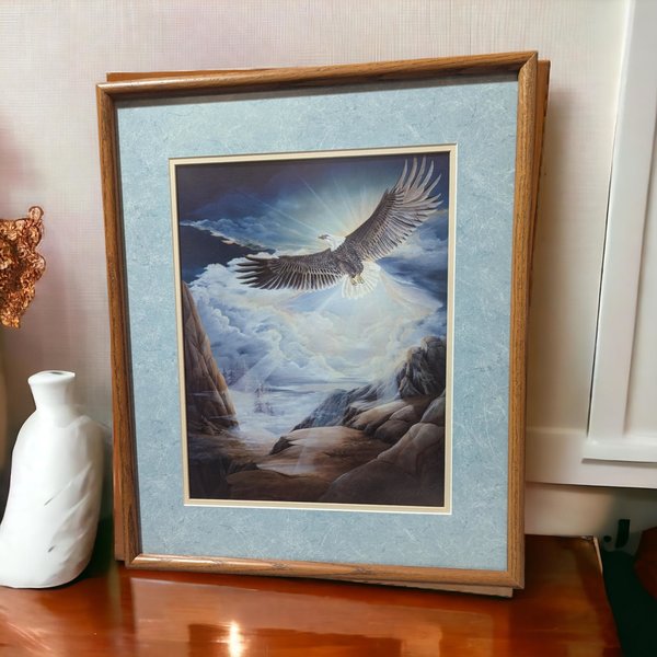 Vintage Dave Krech "On the Wings of Freedom" Framed Eagle Print, Wildlife Art, Inspirational Home Decor, American Bald Eagle | 23x19