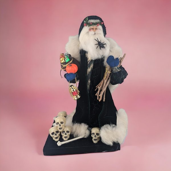 Vintage Halloween Santa Figurine, Velvet Robe, Lantern, Skulls, Spooky Christmas Decor, Unique Holiday Gift, Altered Art