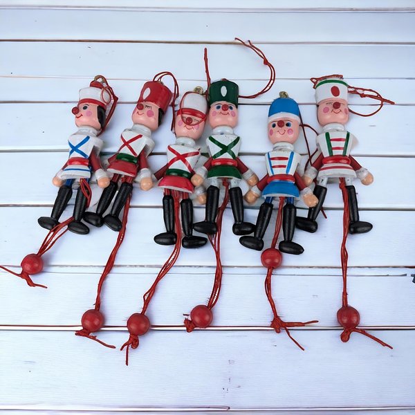 Set of 6 Wooden Nutcracker Ornaments, Pull String, Christmas Ornaments, Holiday Decor, Vintage Ornaments, Soldier Ornaments