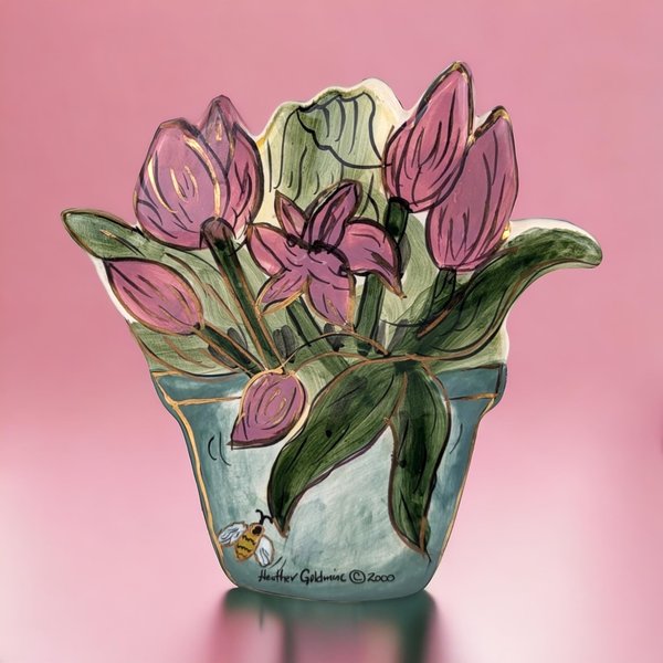 Vintage 2000 Heather Goldminc Flower Pot Wall Hanging | Clay Art | Home Decor | 7" x 6 3/4"