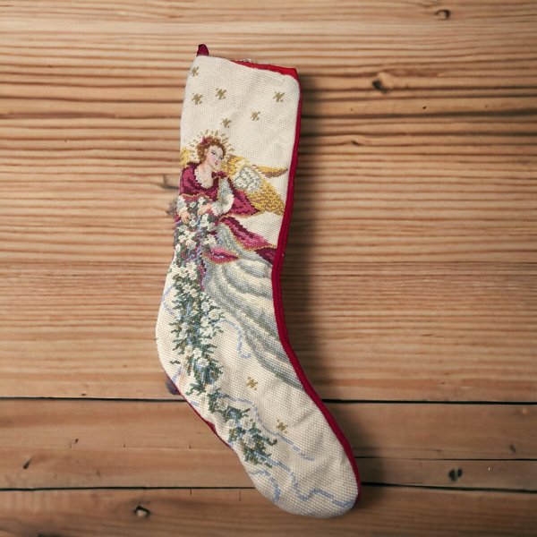 Vintage Angel Needlepoint Christmas Stocking, 21", Heavenly Holiday Decor, Hand-Stitched