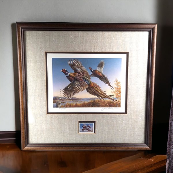 Vintage 1986 Minnesota Pheasant Stamp Print Framed, Signed James A. Meger, Wildlife Art, Hunting Decor, Cabin Decor, Gift for Hunter