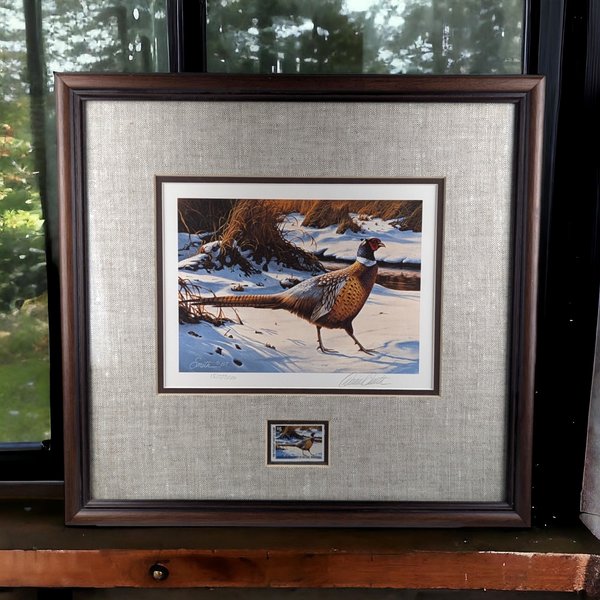 Vintage 1988 Minnesota Pheasant Habitat Stamp Print Framed, Signed Daniel Smith, Wildlife Art, Hunting Decor, Cabin Decor, Gift for Hunter