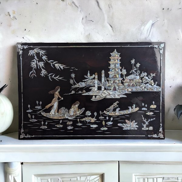 Vintage Imperect Asian Black Lacquer Mother of Pearl Inlay Wall Art, Oriental Scene,  Wall Decor,  Asian Art