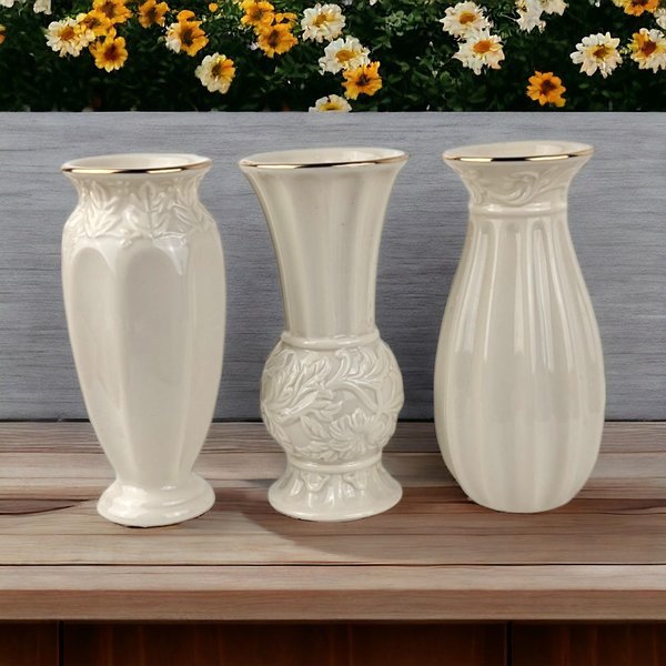 Vintage Lenox Bud Vases | Set of 3 | Classic Ivory with Gold Trim | Floral Porcelain Vases | Home Decor