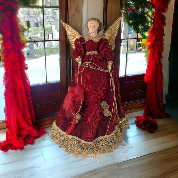 Vintage Christmas Angel Tree Topper | Red Velvet | Gold Wings | Festive Holiday Decoration