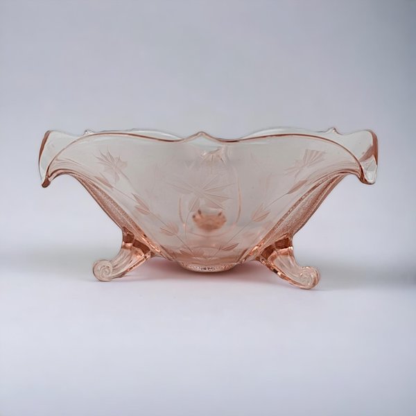 Vintage Pink Depression Glass 3-Toed Bowl, Lancaster Glass Co., Floral Design, Collectible