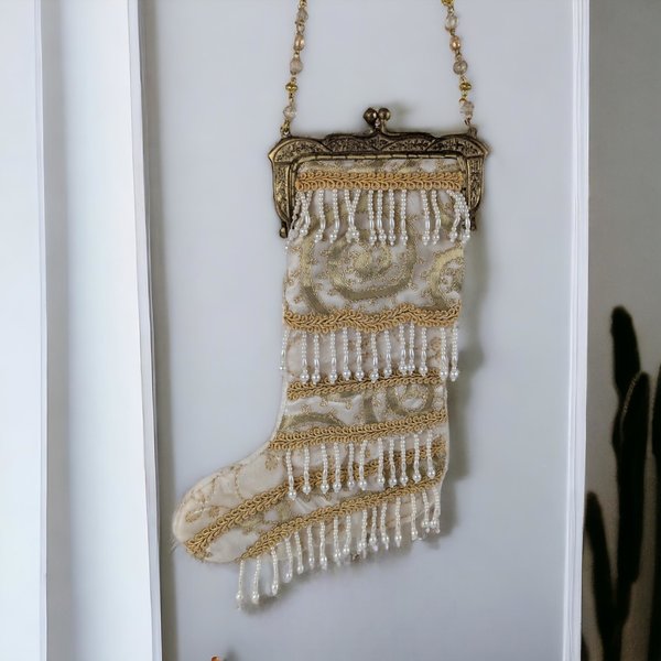 Vintage Mark Roberts Stocking Shaped Bag, Beaded Evening Bag,  Christmas Purse, Holiday Bag,  Unique Gift for Her