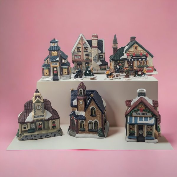 Vintage Victorian Village Candle Holder Set, Christmas Village, Ceramic Houses, Figurines, Holiday Decor, Table Centerpiece, Mantle Decor