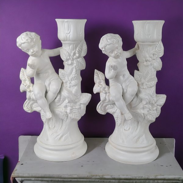 Vintage Holland Mold Cherub Candlestick Holders | Pair of Porcelain Cherubs | Angel Candle Holders | Romantic Home Decor | Wedding Decor