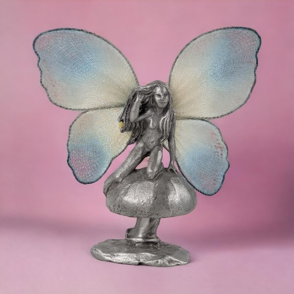 Vintage Pewter Fairy on Mushroom Figurine, Collectible Fantasy Decor, Gift for Fairy Lovers