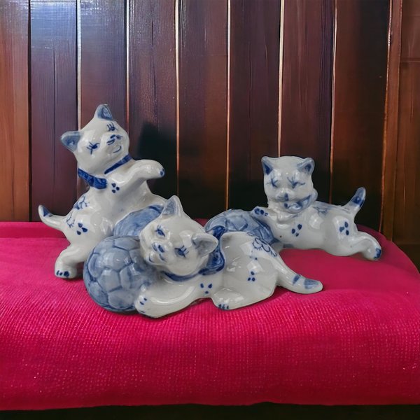 Set of 3 Vintage Porcelain Kittens, Blue and White Cat Figurines,  Ceramic Cat Decor,  Gift for Cat Lover, Home Decor