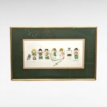 Original 1997 Judy Hagstrom Framed "I Did It My Way"  Hand-Painted Watercolor, Whimsical Children's Art, Bathroom Humor, 15.5 x 10.25 Inches