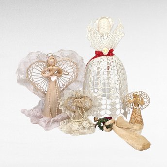 Collection of 5 Vintage Fiber Angels, Handmade Christmas Ornaments, Rustic Angel Decor, Lace and Straw Angels