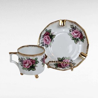 Vintage Victoria Ceramics Ashtray and Cup Set, Pink Roses, Gold Accents, Porcelain, Collectible, Vanity Set