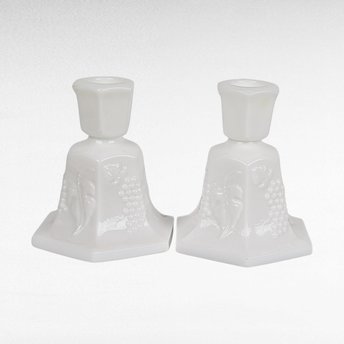 Vintage Fostoria Milk Glass Candle Holders, Pair, Grape Pattern, 4.25 Inches - Mid-Century Modern