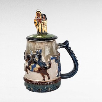Vintage Stoneware Lidded Stein, Native American Horse Riders, Figural Lid, 9 Inches