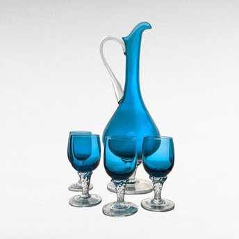 Vintage Blue Art Glass Decanter Set, 4 Cordial Glasses, 12 Inches Tall, Mid-Century Modern Barware, Cobalt Blue Glassware