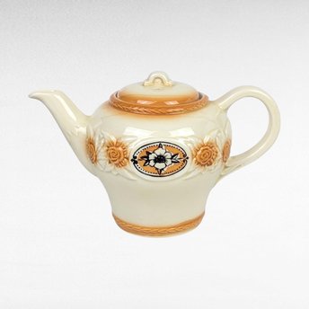 Vintage Porcelier Teapot | Brown Medallion & Sunflower Design | Cream Ceramic with Orange Accents | Collectible Teapot