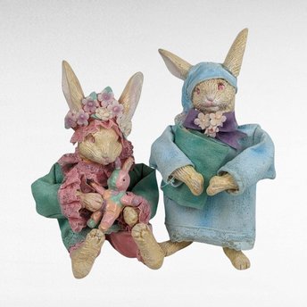 Silvestri Bunny Figurines | Pair of Paper Mache Bunnies | Vintage Easter Decor | Whimsical Rabbit Figures | Collectible Bunnies