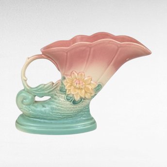 Vintage Hull Pottery Cornucopia Vase, Waterlily Design, Pink and Turquoise Vase, Art Deco Vase, Mid-Century Modern, 1940s, 6.5 Inches