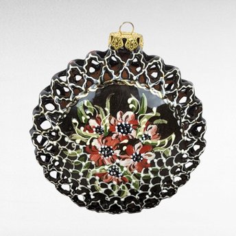 Vintage Handpainted Clay Ornament, 4-Inch Round, Dark Brown/Black with Red Flowers, Christmas Ornament, Holiday Decor, Gift for Collector