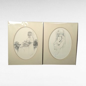 1975 Sharon Johnson Mother and Child Prints, Set of 2, 14x11 Inch, Vintage Pencil Drawings, Wall Decor, Nursery Art, Gift for Mom