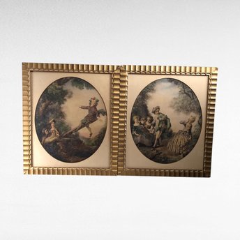 Set of 2 1940s Framed Nicolas Lancret Prints 12 1/4 by 14 1/4". Includes "The Seesaw" and Dropping Hankie". 