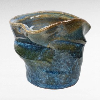 Handmade Blue Asymmetrical Pottery Vase, Signed.