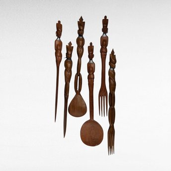 Hand Carved Tribal Wooden Utensils, African Art, Decorative Utensils, Wall Decor, Set of 6