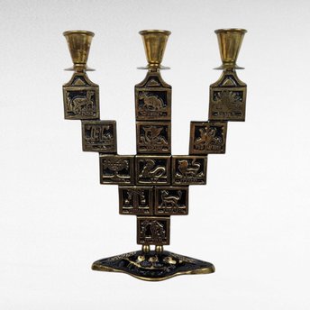 Vintage Goldtone & Black Enamel Astrological Candelabra, 3 Arm Candlestick Holder, Zodiac Candle Holder, Celestial Decor